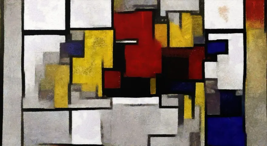 Abstrakcja w stylu Piet Mondrian: geometryczne bloki czerwieni, żółci, błękitu i bieli, połączone czarnymi liniami.