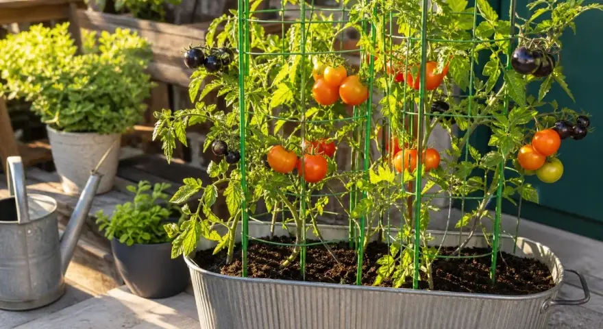 Reife Tomatenpflanzen im Topf, mit roten und schwarzen Früchten, gestützt von grünen Rankgittern.