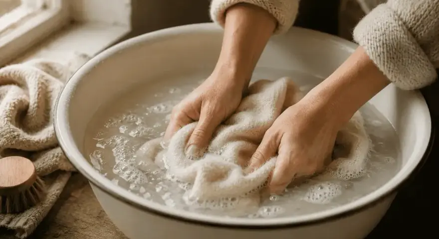 Händer tvättar ull med såpa i en balja. En borste och en handduk ligger bredvid.