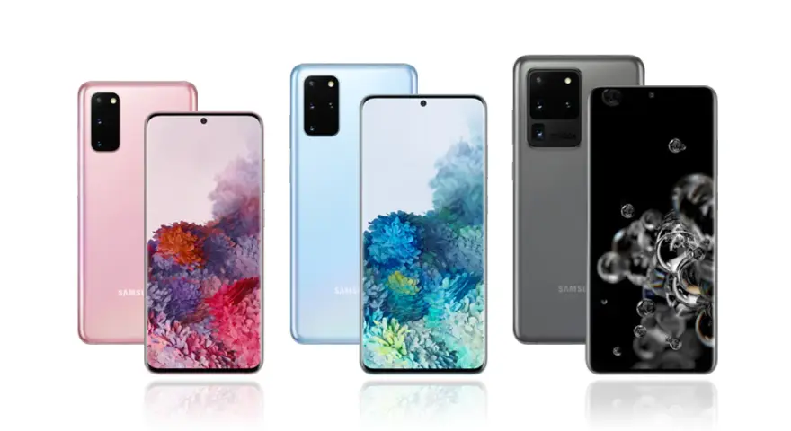 Różowy Samsung S20 i inne modele w różnych kolorach, prezentujące swoje ekrany z kolorowymi tapetami.