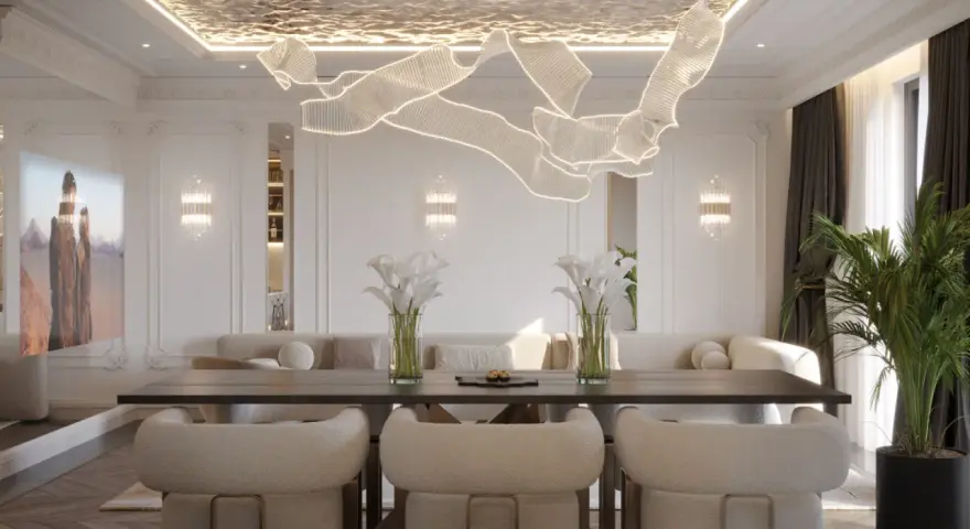 Nowoczesny salon z designerskim sufitem napinanym. Wady? Brak! Tylko elegancja i światło.