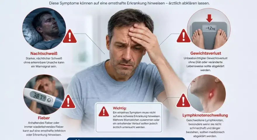 Warnzeichen bei erhöhten Leukozyten: Nachtschweiß, Fieber, Gewichtsverlust, Lymphknotenschwellung. Bei diesen Symptomen ärztlich abklären lassen!
