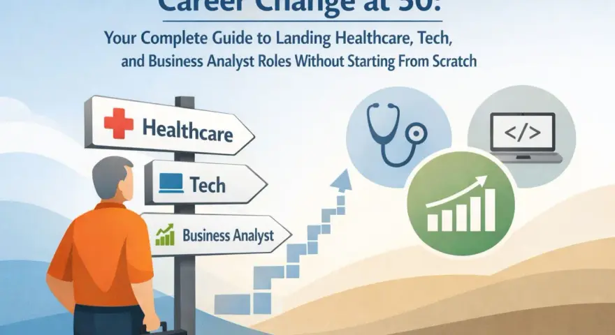 Uomo guarda cartello con direzioni: Healthcare, Tech, Business Analyst. Offerte di lavoro dopo i 50 anni in questi settori.