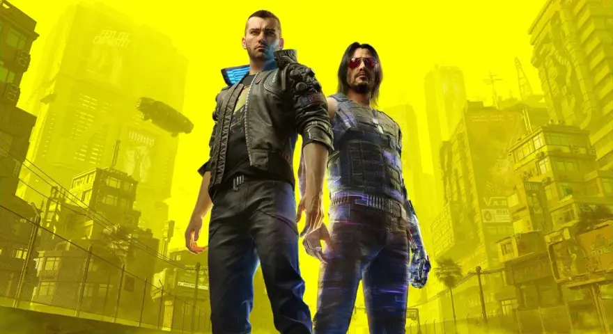 Dwóch mężczyzn w neonowym mieście, symbolizujących drogę do zdobycia platyny w Cyberpunk 2077.