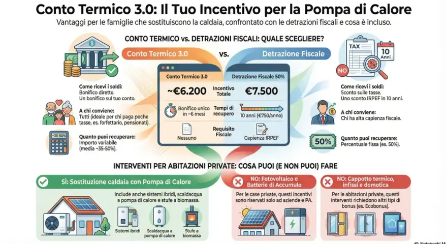 Confronto tra Conto Termico 3.0 e detrazioni fiscali per la sostituzione della caldaia. Il Conto Termico offre un bonifico diretto, ideale per chi paga poche tasse, mentre le detrazioni fiscali prevedono uno sconto IRPEF.