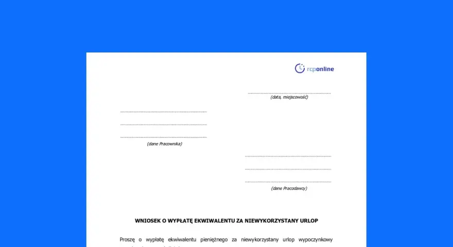 Wniosek o ekwiwalent za urlop 2025. Dokument zawiera pola na dane pracownika, pracodawcy oraz datę i miejscowość.