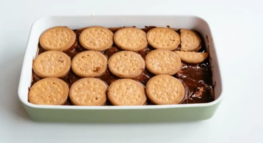 Una tarta de la abuela en preparación, con galletas redondas cubriendo una capa de chocolate en un recipiente blanco.
