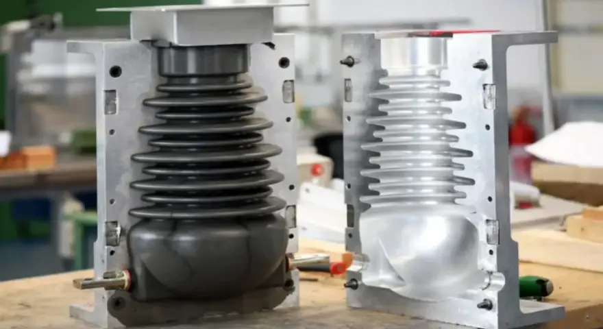 Two halves of a mold for compression molding products, one showing a black bellows-like component, the other an empty cavity.