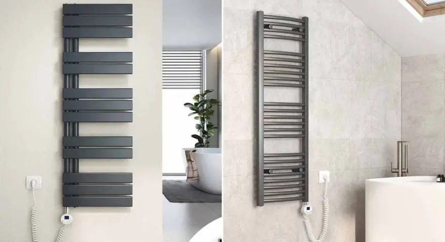 Deux sèche-serviettes modernes, un design rectiligne et un design incurvé, pour vous aider à choisir comment choisir son sèche-serviette.