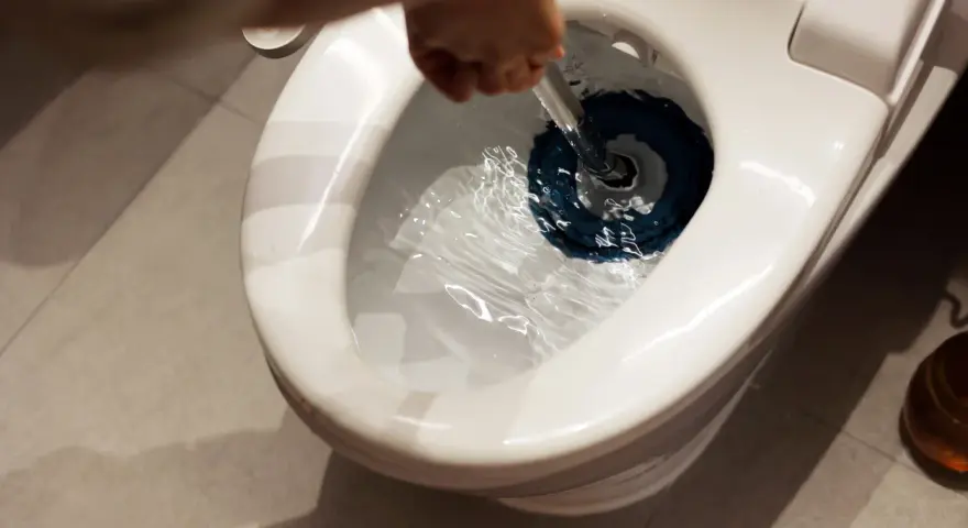 En hand använder en blå sugpropp för att försöka lösa ett stopp i toaletten. Hoppas det inte blir en dyr historia!