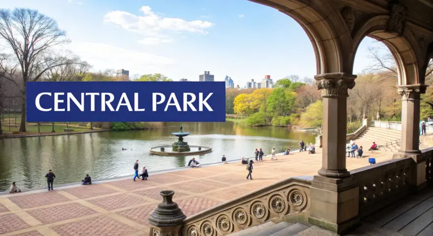 Central Park w Nowym Jorku, z fontanną i ludźmi spacerującymi nad jeziorem.