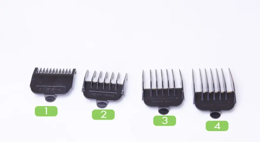 Accesorios para saber como cortar el pelo con máquina. Peines de 1 a 4, de 3mm a 12mm.