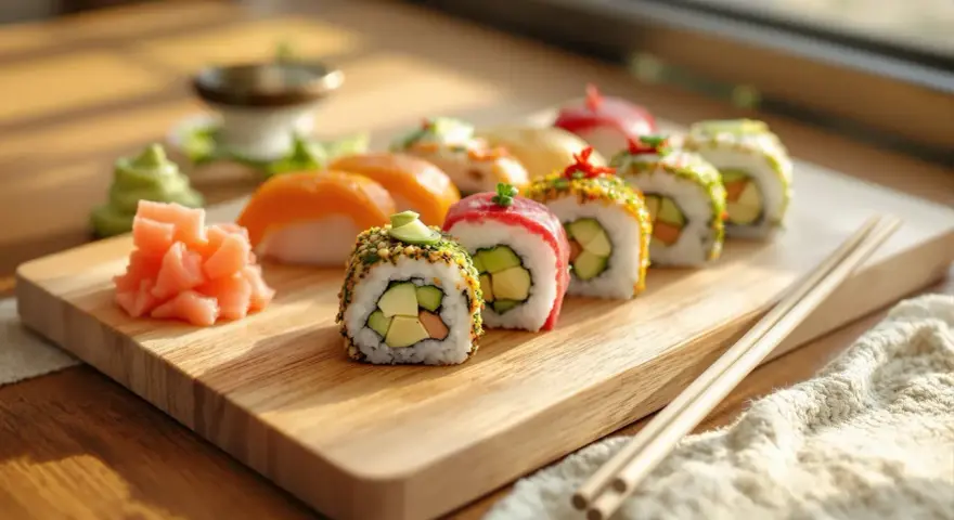 Kolorowe rolki sushi z awokado i łososiem, podane z imbirem i wasabi. Idealne nadzienie do sushi na drewnianej desce.