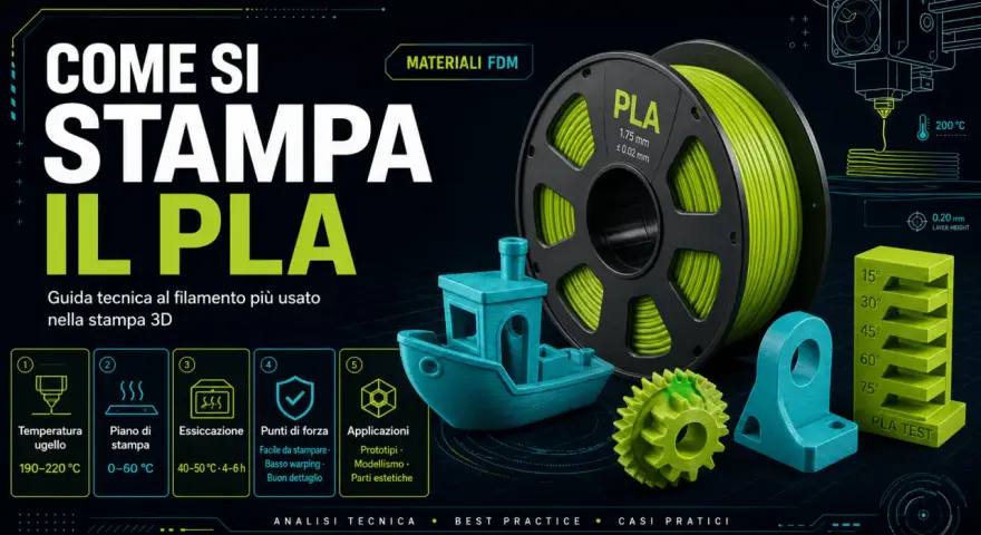 Bobina di filamento PLA, la guida tecnica per stampare questo materiale versatile. Include un modello di barca, ingranaggi e un supporto, con indicazioni su temperatura e applicazioni.