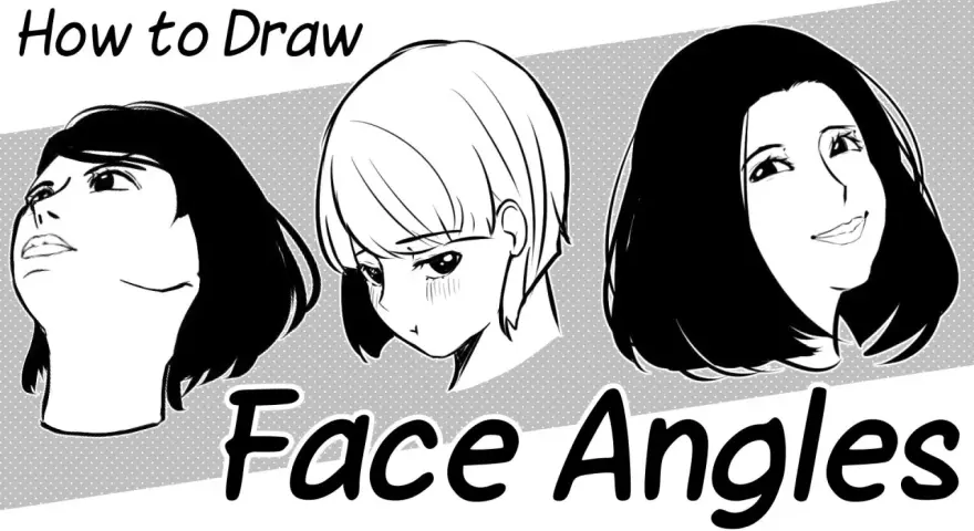 Trois dessins de visage 3/4, montrant différentes expressions et angles, avec le texte "Face Angles".
