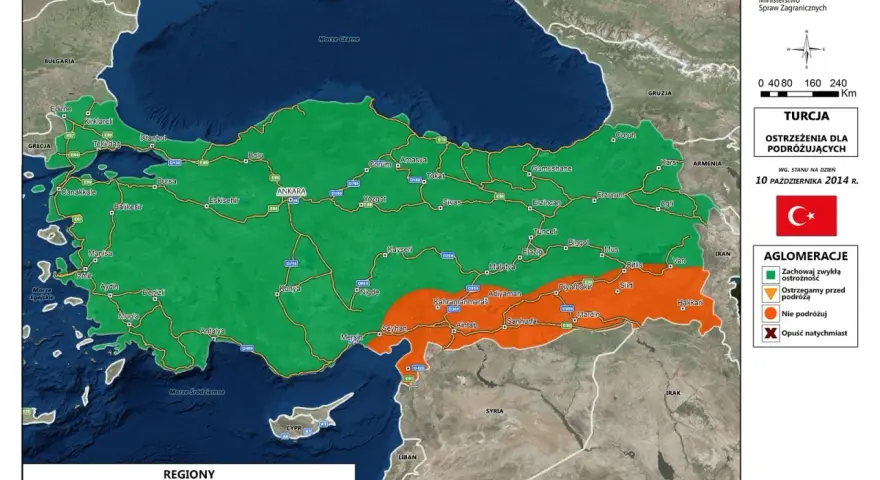 Mapa Turcji z zaznaczonymi regionami: zielony - zachowaj ostrożność, pomarańczowy - ostrzegamy przed podróżą. Czy w Turcji jest bezpiecznie? Zależy od regionu.