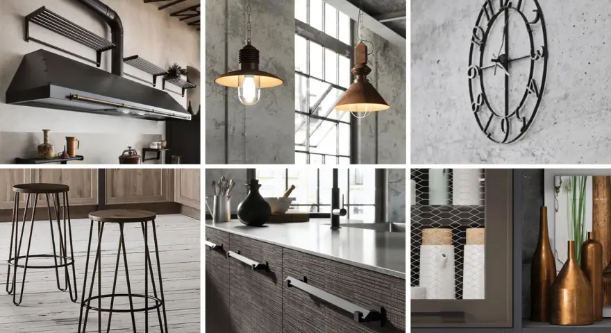 Cucina con cappa in metallo, lampade a sospensione, orologio da parete e sgabelli. Stile industrial chic moderno.