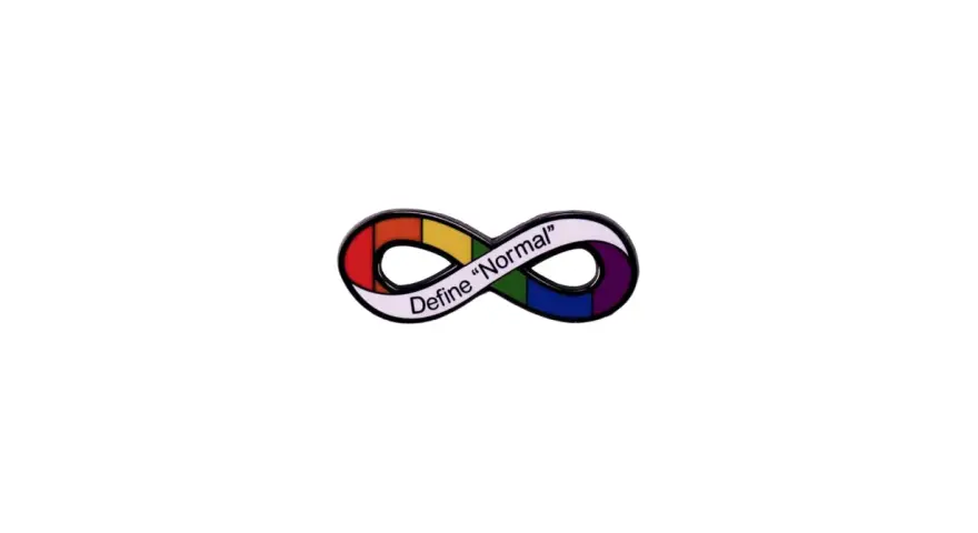 Symbol autyzmu w kształcie nieskończoności, tęczowy, z napisem "Define 'Normal'".
