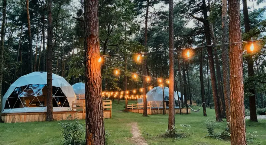 Domek w lesie, idealny na camping w Warszawie. Girlanda świateł tworzy magiczny klimat.