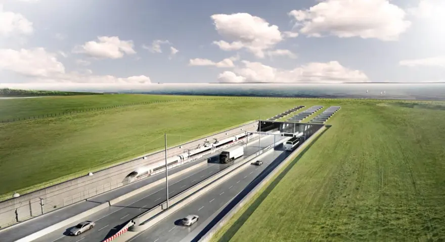 En tunnel för tåg och bilar mellan bro Danmark och Tyskland. Pris för framtida resor.
