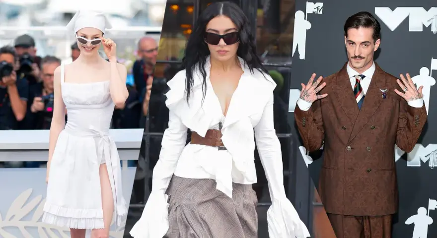 Tre figure iconiche: una donna in bianco con cappello e occhiali, una con occhiali scuri e camicia voluminosa, e un uomo in completo marrone con tatuaggi.