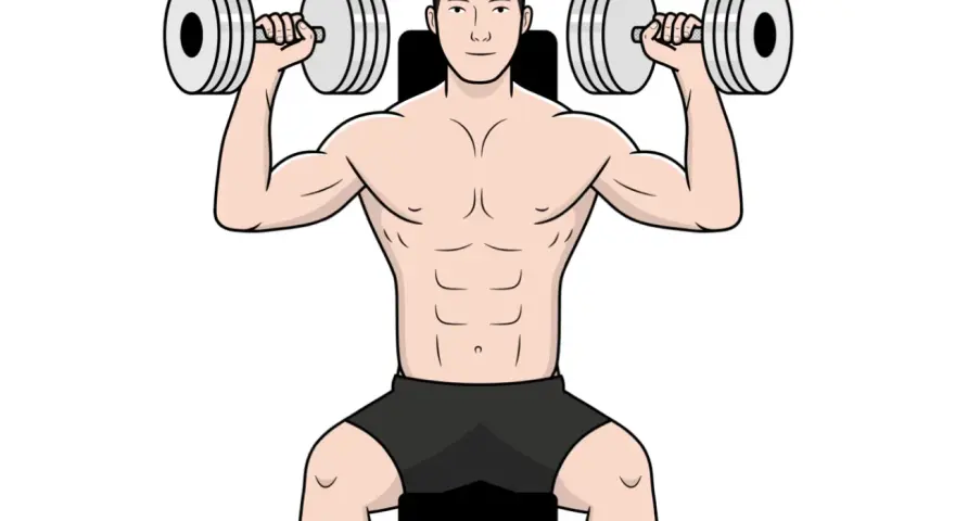 Homme musclé travaillant ses épaules avec des haltères. Il est assis, concentré sur son entraînement pour muscler ses épaules.