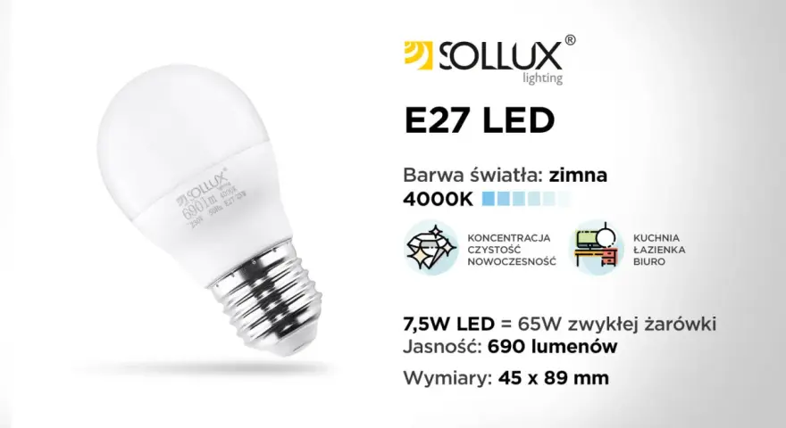 Żarówka LED E27 Sollux 7,5W, 690lm, 4000K. To nowoczesne oświetlenie, które zastąpi żarówkę halogenową 65W.