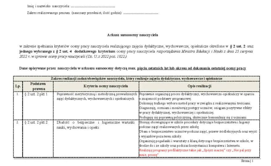 Wzór oceny pracy nauczyciela dyplomowanego - jak pisać konkretnie?