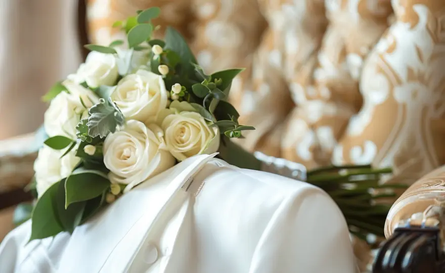 Ślubna elegancja: Biały garnitur męski - idealna opcja na okazję.