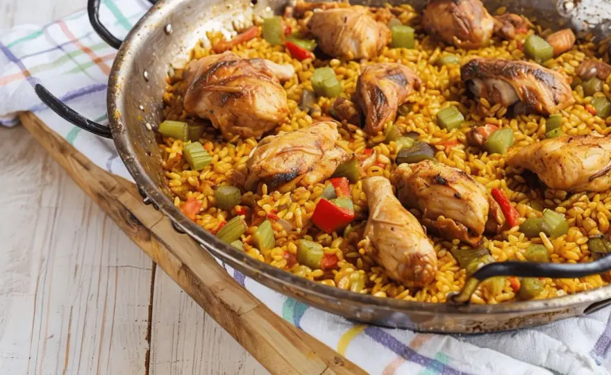 Paella de pollo en casa con arroz suelto y buen socarrat