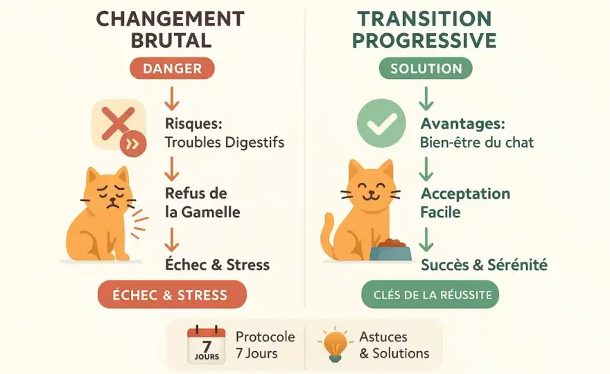 Transition alimentaire chat - Évitez selles molles et stress!