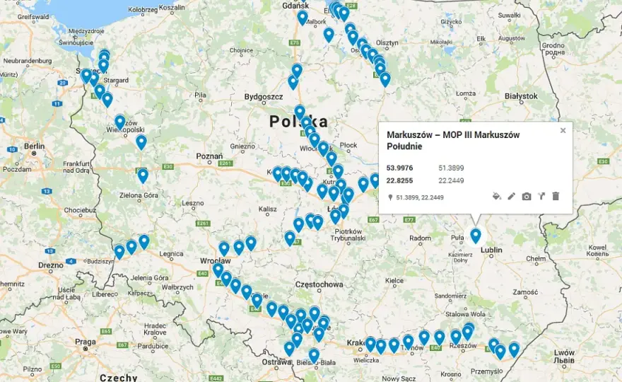 Mapy stacji ładowania samochodów elektrycznych Lokalizacje