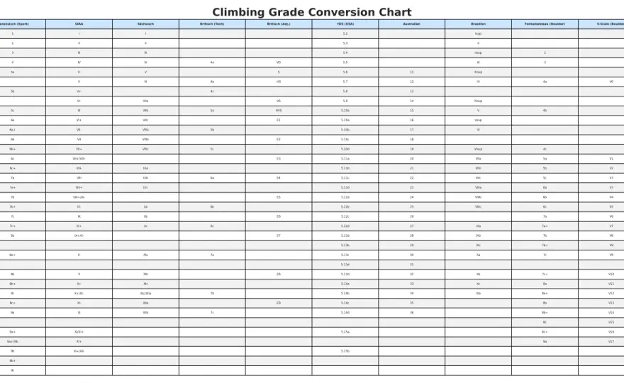 Klettergrade-Tabelle verstehen - was UIAA und Klettersteig bedeuten