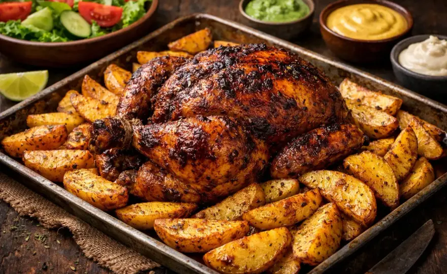 Pollo a la brasa en casa con piel dorada y carne jugosa
