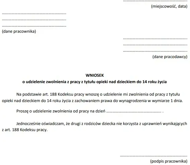Wniosek o urlop na dziecko - 2 dni opieki nad dzieckiem oświadczenie, wniosek o urlop opiekuńczy