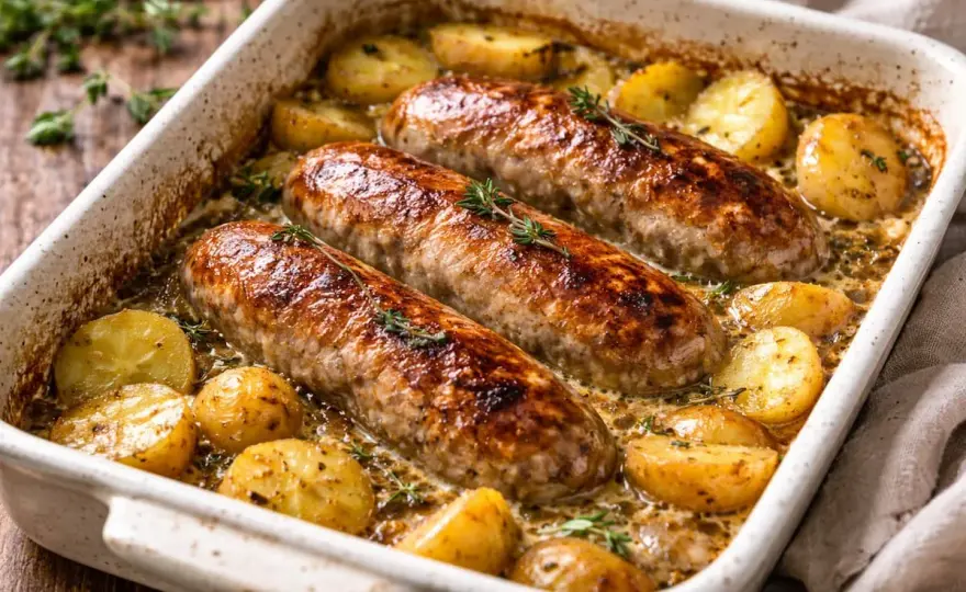 Saucisson à cuire au four avec pommes de terre moelleuses
