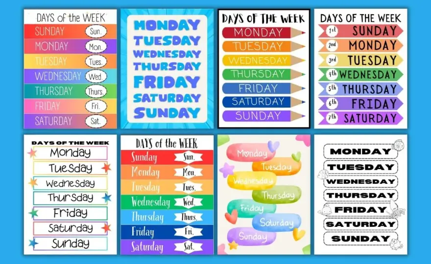 Scheda dei giorni della settimana in inglese da stampare