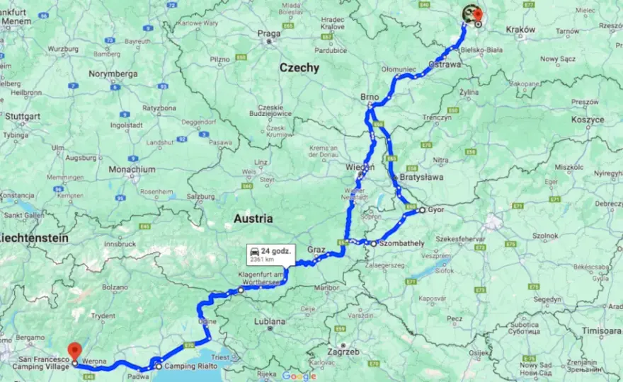  Polska Włochy trasa samochodowa - mapa i szczegóły podróży