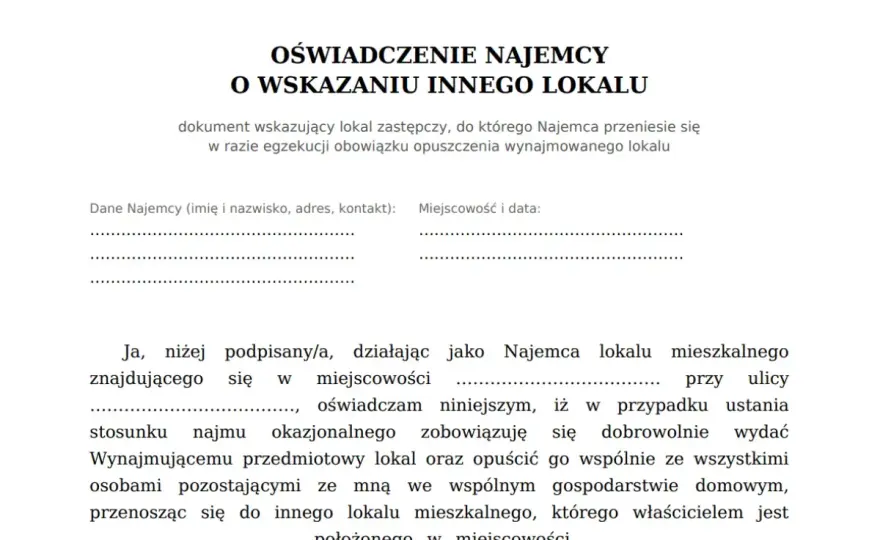Oświadczenie o lokalu zastępczym - najem okazjonalny bez błędów