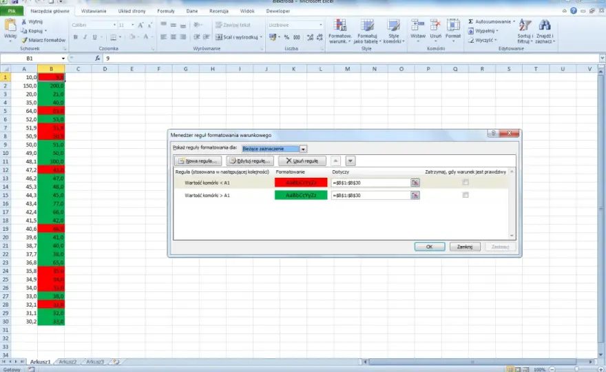 Excel - zmiana koloru komórki jeżeli - formuły i kontrola danych