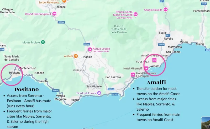 Amalfi Coast Towns Map - Best Towns, Bases and Ferry Routes