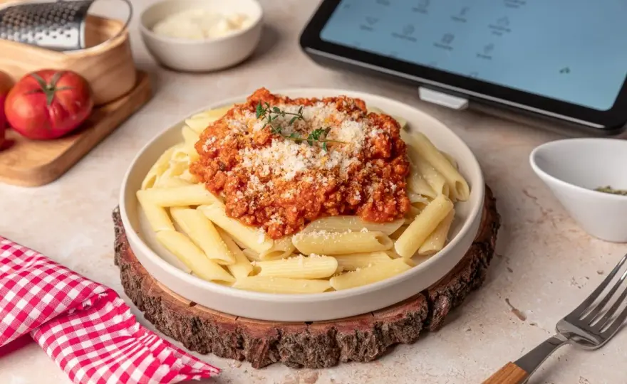 Macarrones a la boloñesa con salsa sabrosa y pasta al dente