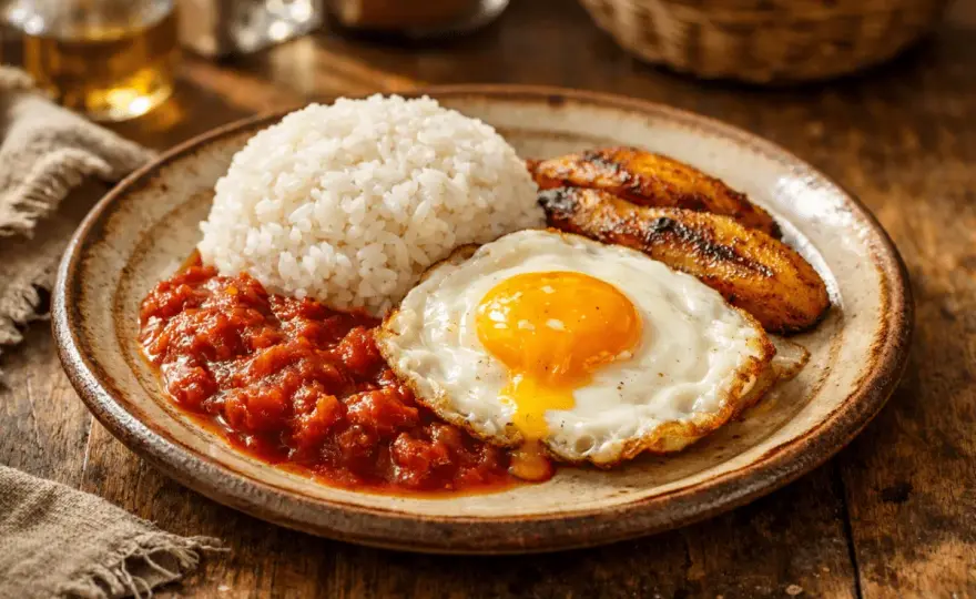 Arroz a la cubana casero, con arroz suelto y huevo cremoso