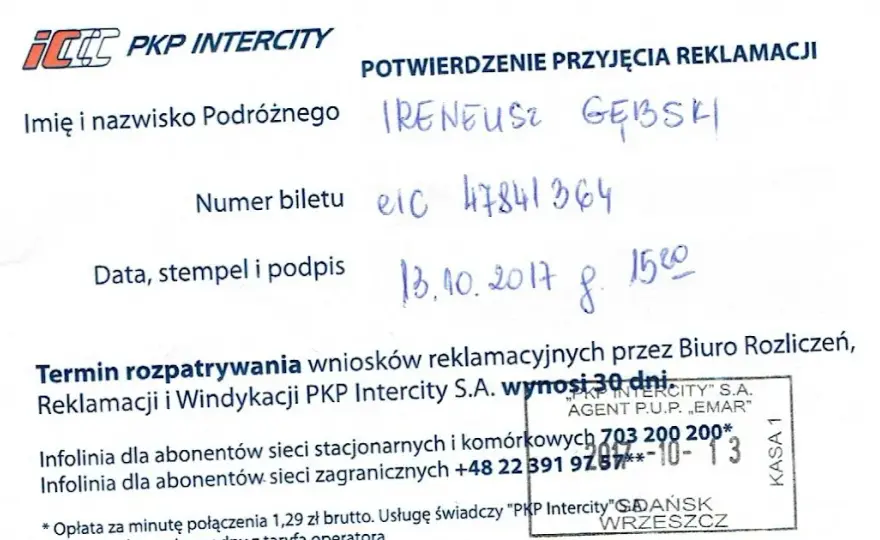 Reklamacja Intercity: Ile czasu? Rok na skargę, 30 dni na decyzję