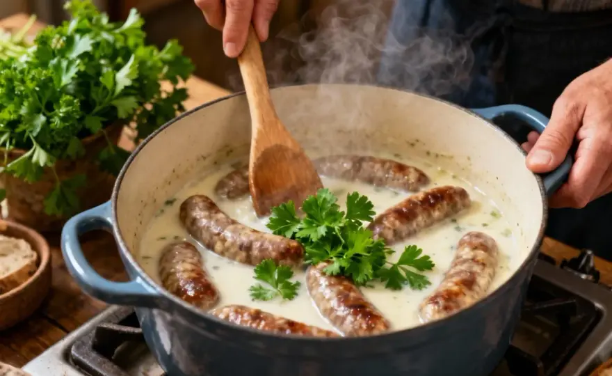 Saucisse au vin blanc - la méthode en cocotte qui fait la différence
