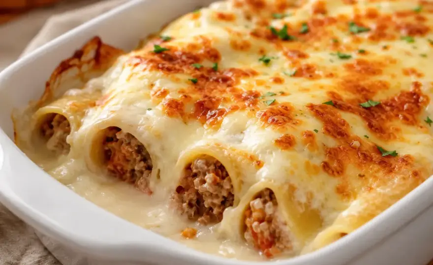 Canelones de carne jugosos con bechamel y queso gratinado