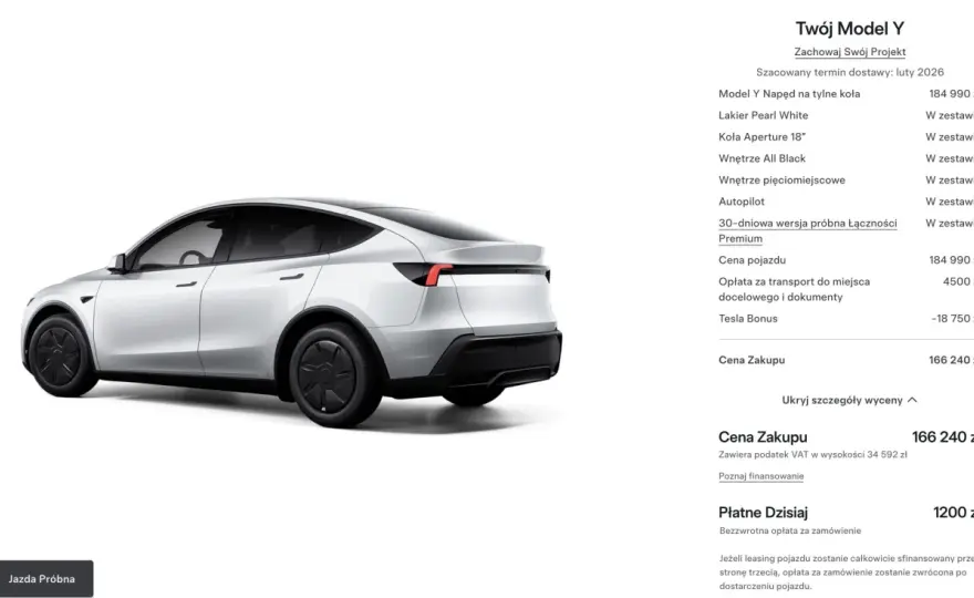 Tesla Model Y 2026: Cena od 166 240 zł! Jak zyskać dotacje?