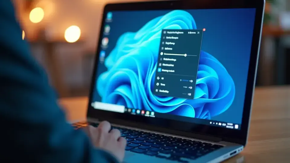 Laptop z jasnym ekranem i otwartym menu ustawień jasności.