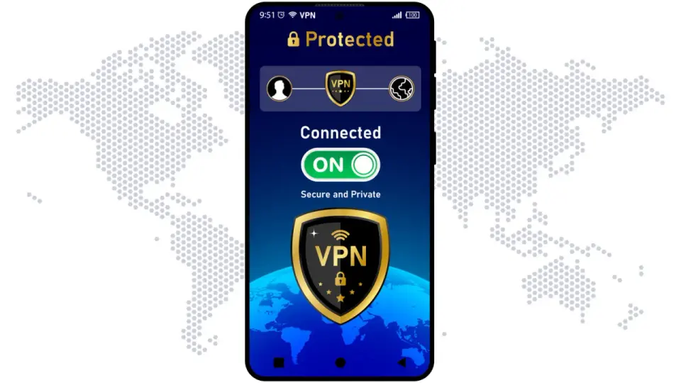 Ekran telefonu z aplikacją VPN włączoną, pokazującą status "Connected" i tarczę z napisem VPN.