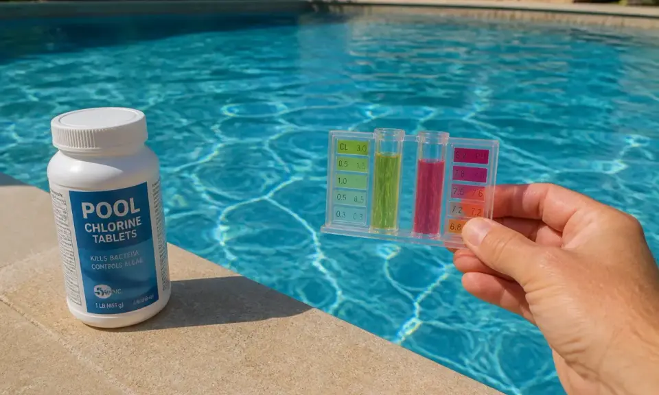 Test de chlore et de pH pour piscine, avec une bouteille de pastilles de chlore. Le temps d'évaporation du chlore dans l'eau est une préoccupation.